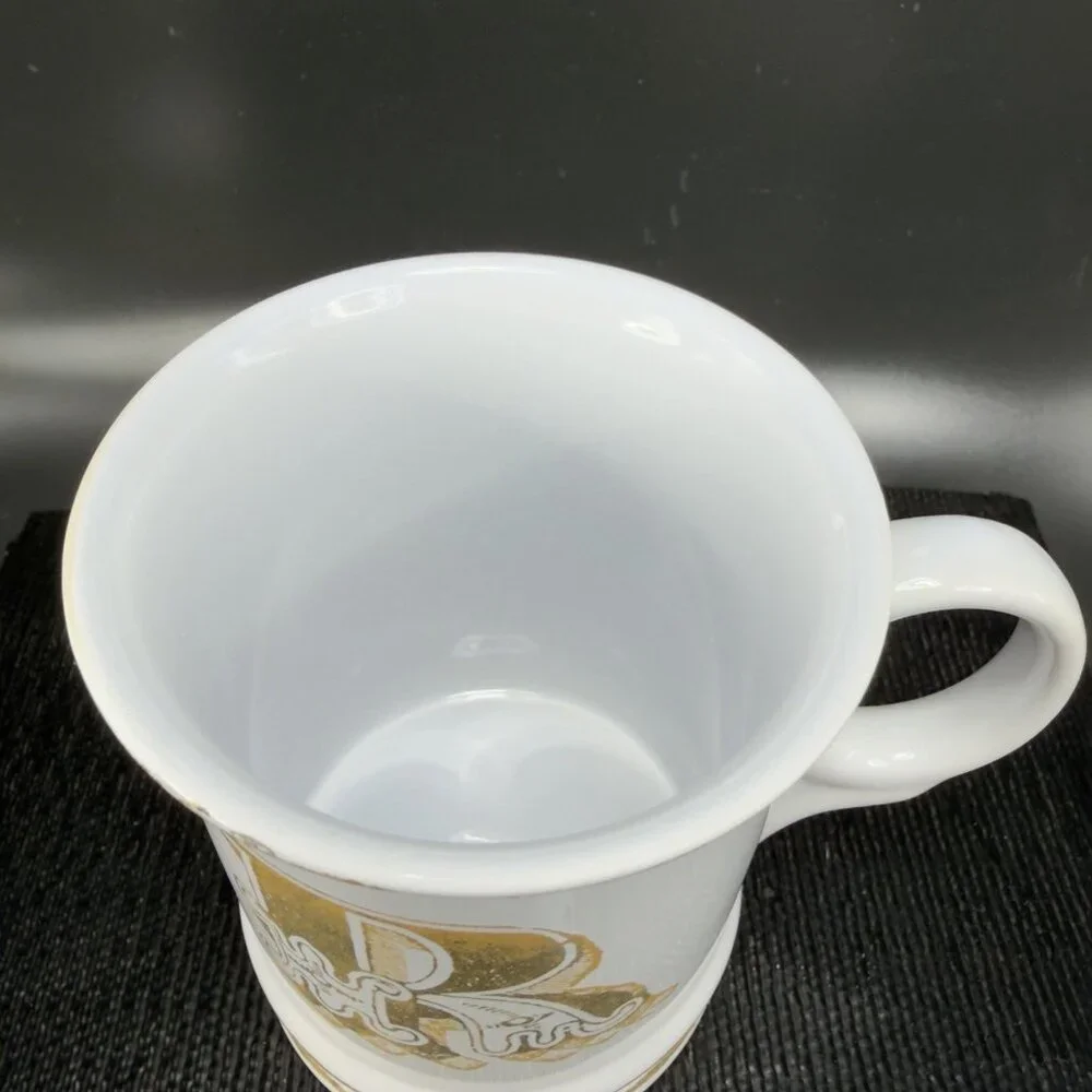 Williams Sonoma Brushed Gold Monogram Letter R Ceramic White Gold Coffee Mug Cup